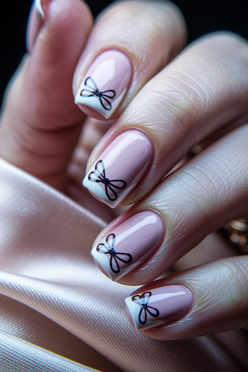white French tips and a light pink base, each nail featuring a small, hand-painted black bow design, displayed against a soft, satin background.