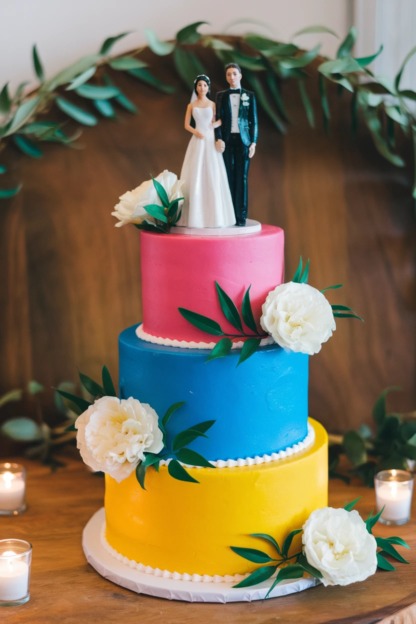 A cheerful three-tier wedding cake in bright colors, topped with a couple figurine and decorated with flowers and greenery.