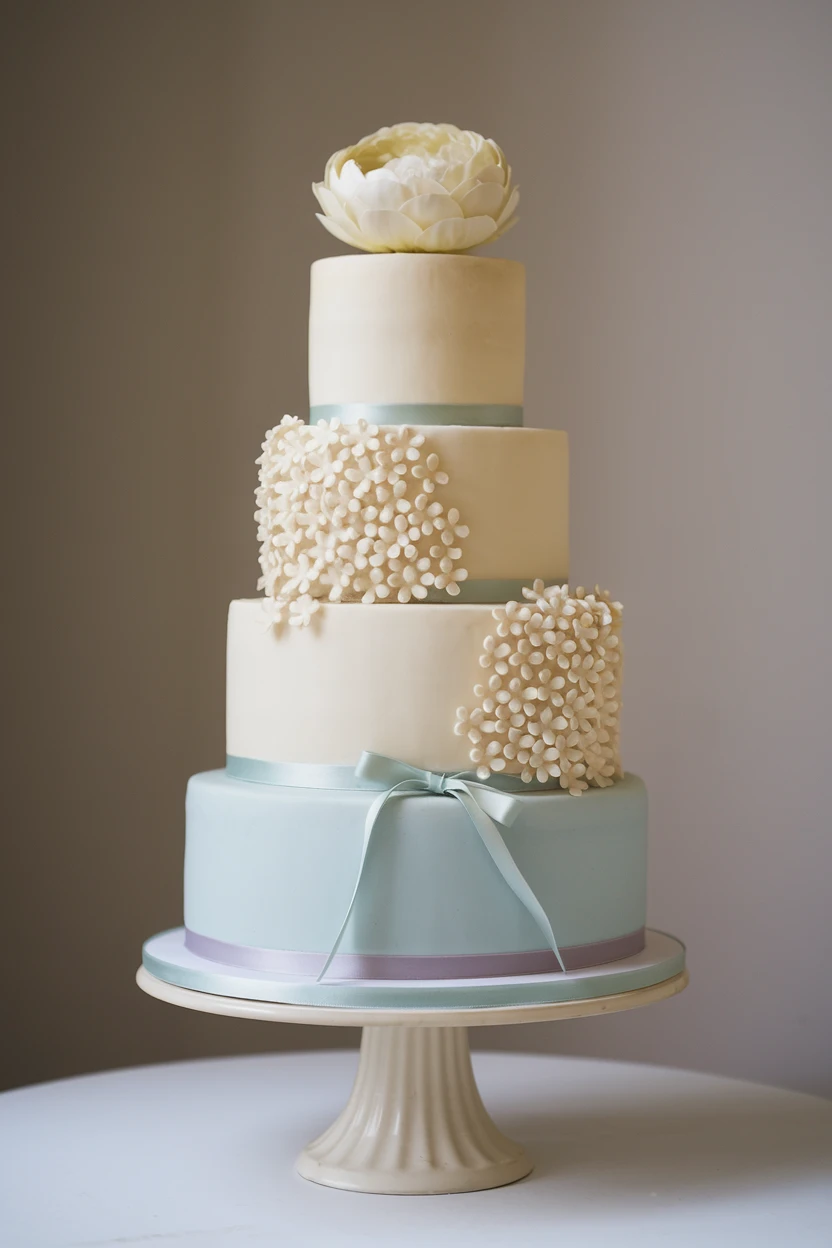 A four-tiered cake with a pastel blue bottom tier, creamy white tiers with textured blooms, and a white magnolia on top, on a white pedestal.