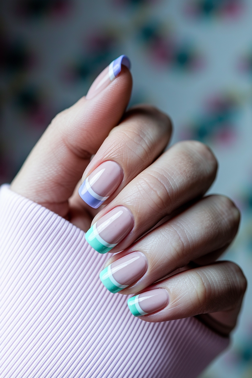 a light pink base and pastel-colored tips in lavender and mint green, displayed against a soft, blurred background.