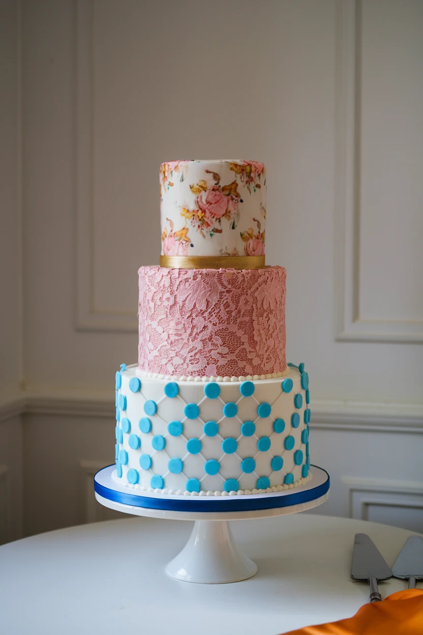 A beautifully designed three-tier wedding cake featuring floral and lace patterns, accented with colorful dots, displayed on a simple stand.