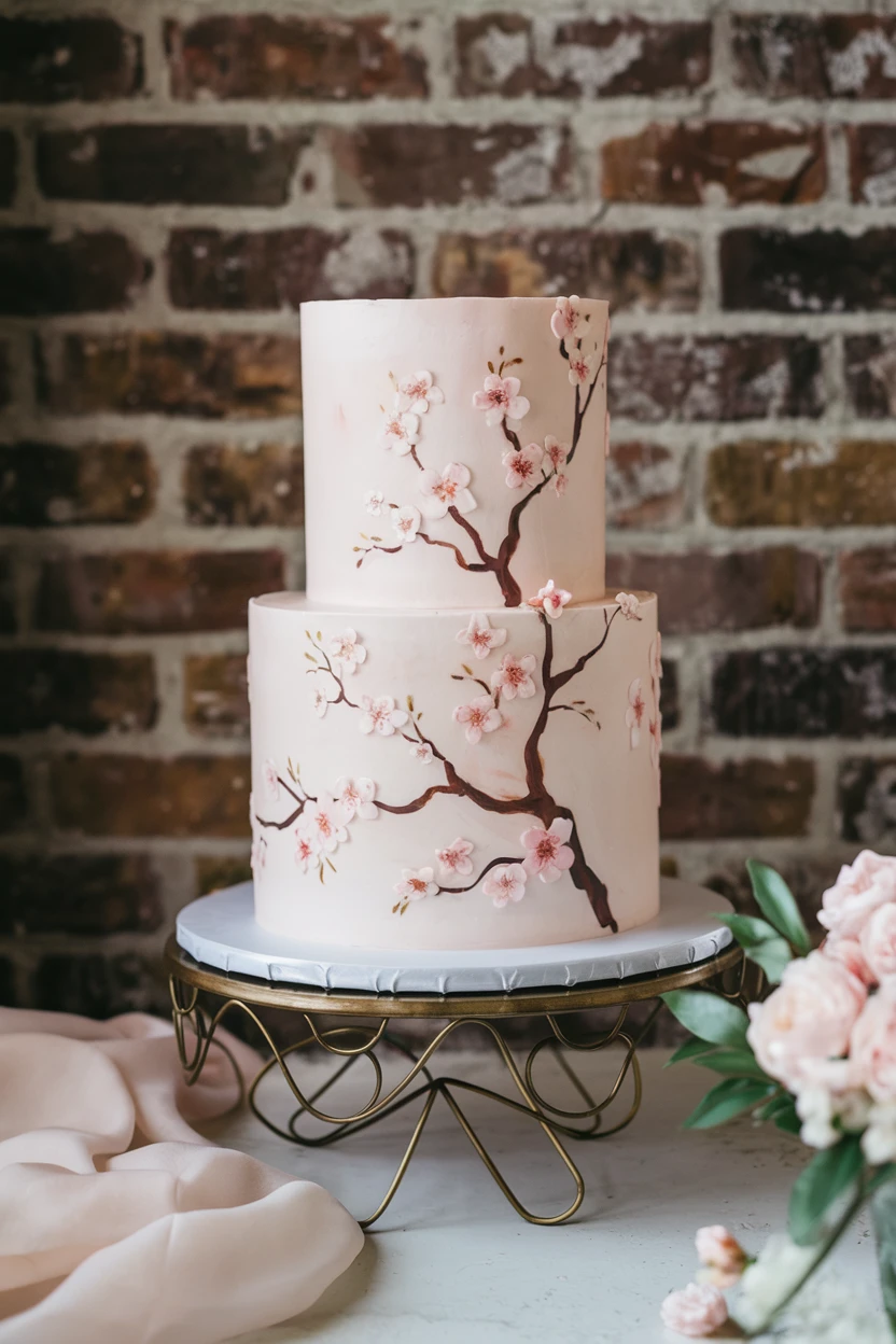 A two-tiered pink cake with hand-painted cherry blossoms, on a golden stand, with a brick background and pink roses.