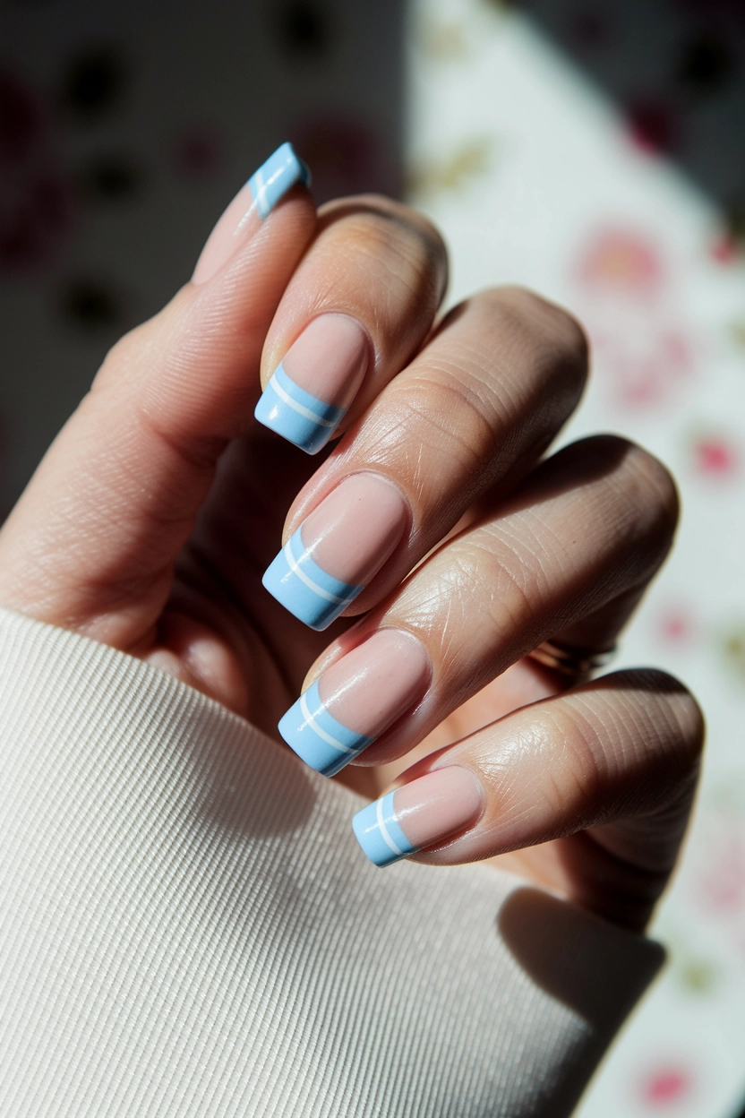 a light pink base and light blue tips with a thin white stripe along the edge, displayed against a soft, blurred background.