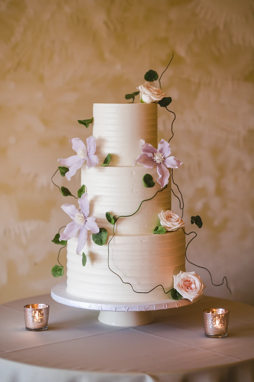 A three-tiered cake with sugar lavender and rose flowers climbing its sides, on a white stand with two lit votive candles, on a light tablecloth.