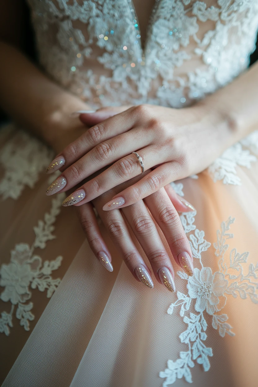 Elegant bridal nails with nude polish and gold accents.