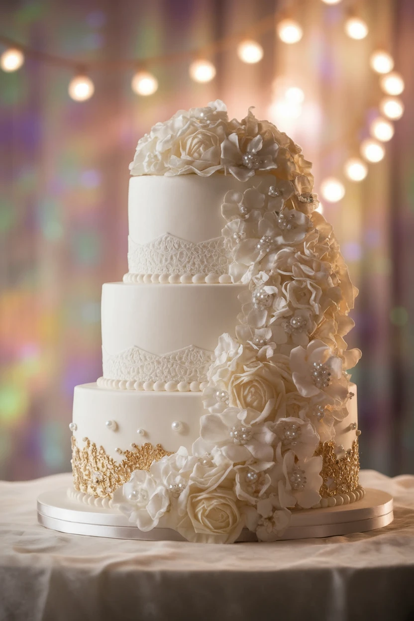 A stunning three-tier wedding cake adorned with white flowers and gold accents, creating a glamorous and elegant display.