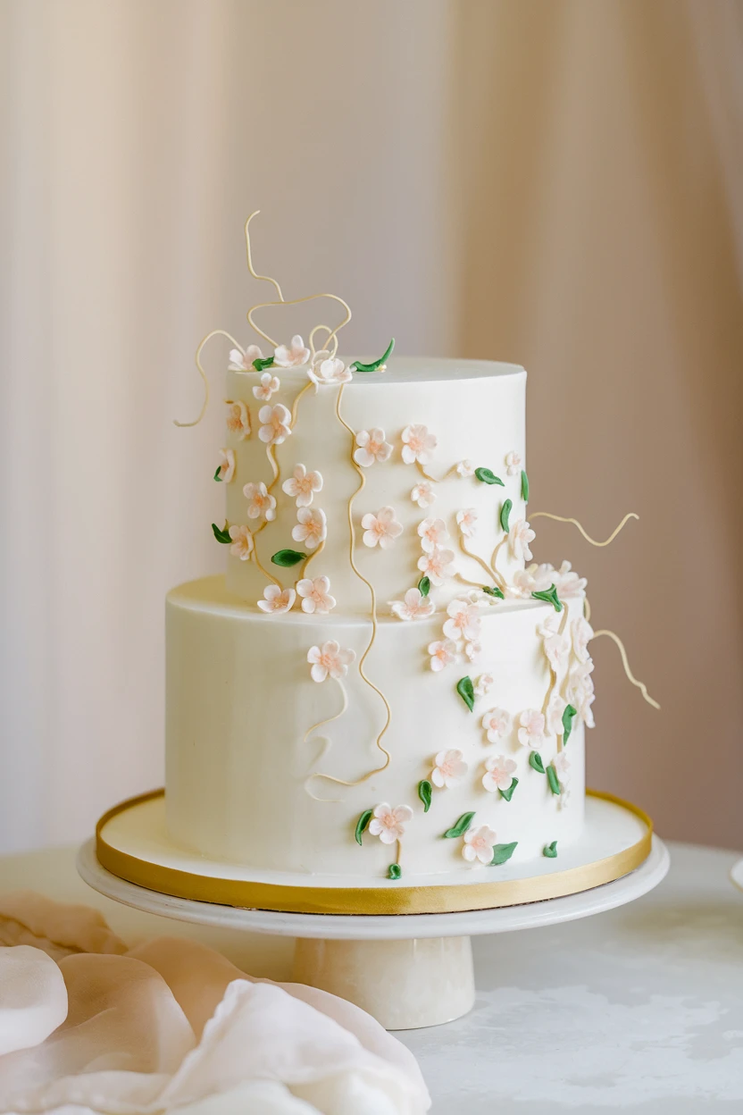 A two-tiered white cake with sugar pink-edged flowers and green leaves cascading down, on a white stand with a gold ribbon accent, with a soft draped fabric.