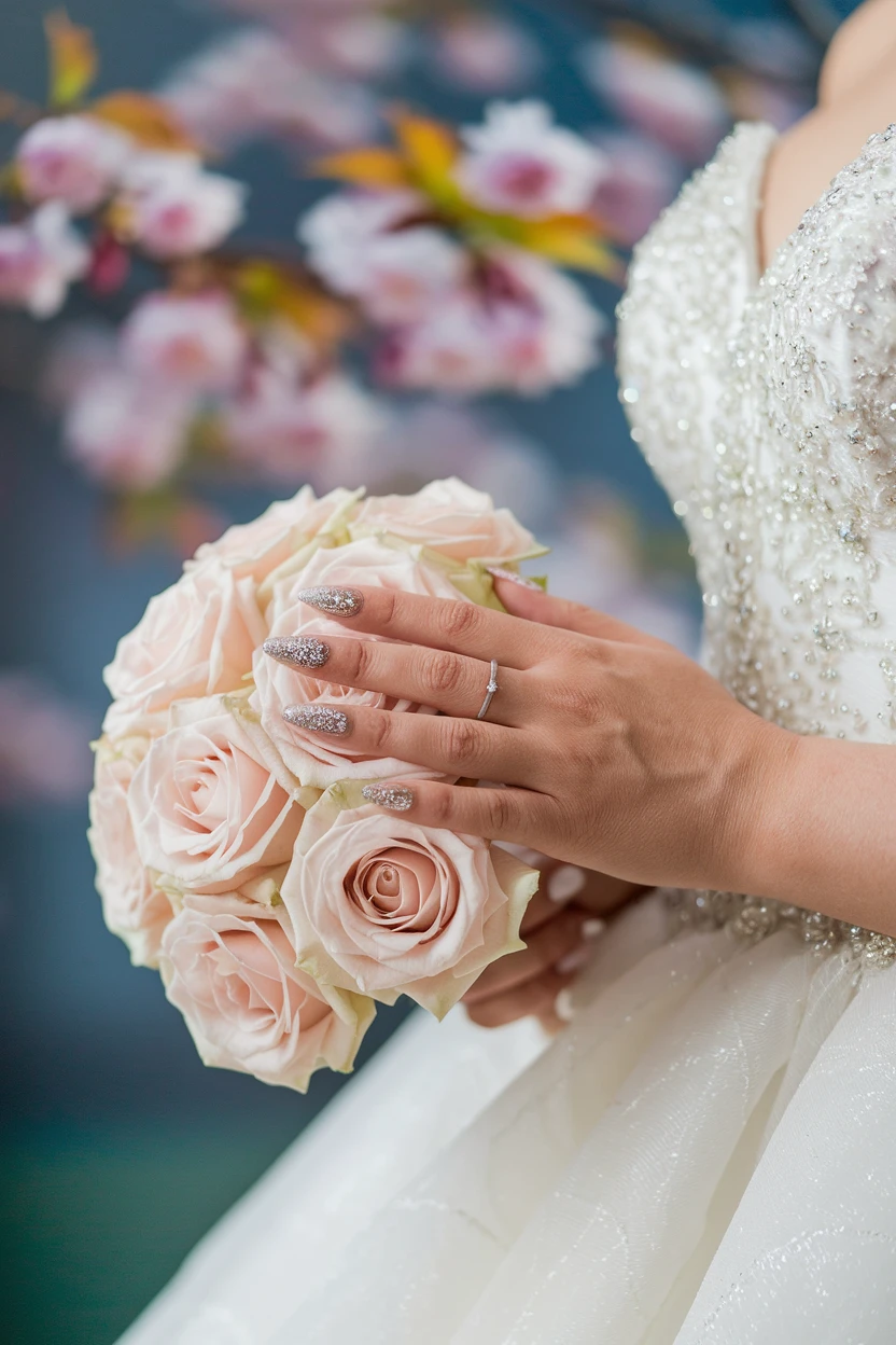 Glamorous bridal nails with silver glitter and pink rose bouquet.