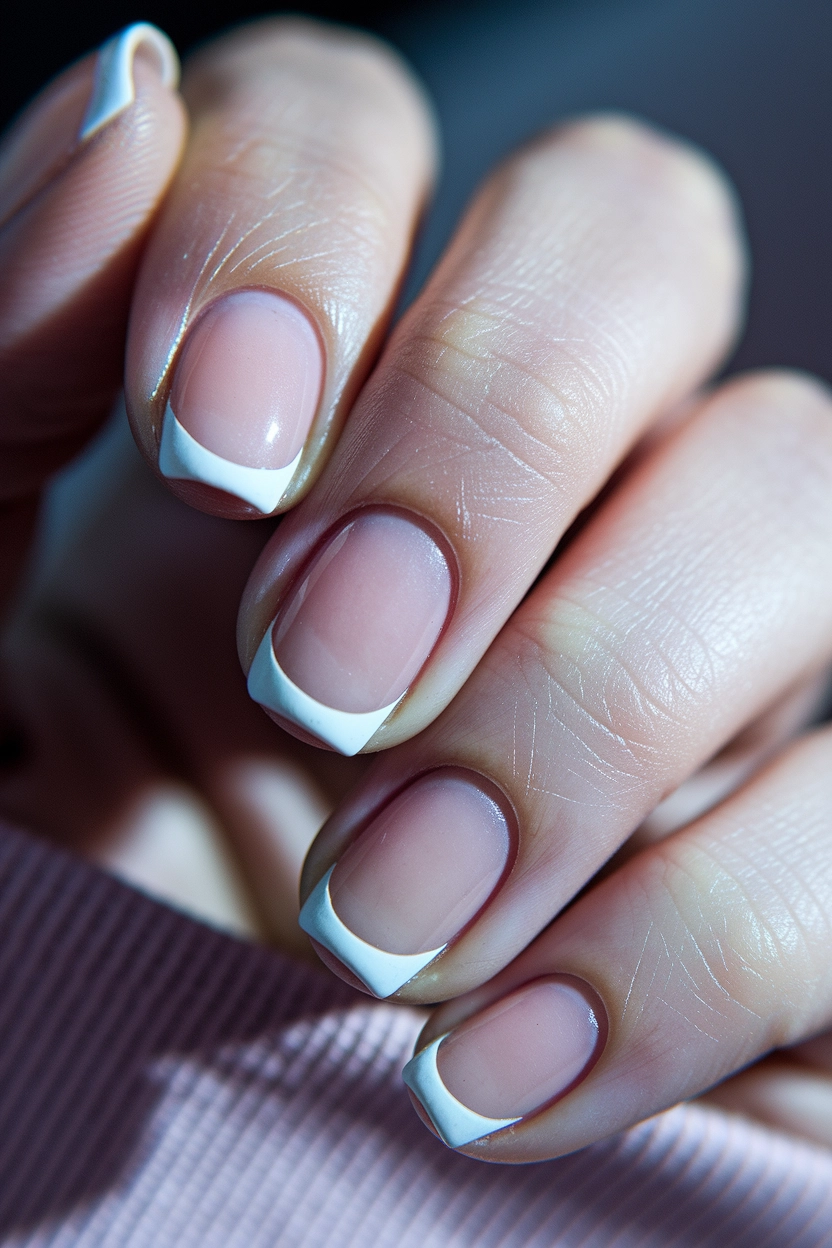 Close-up of a hand with short, manicured nails featuring a classic white French tip on a light pink base.