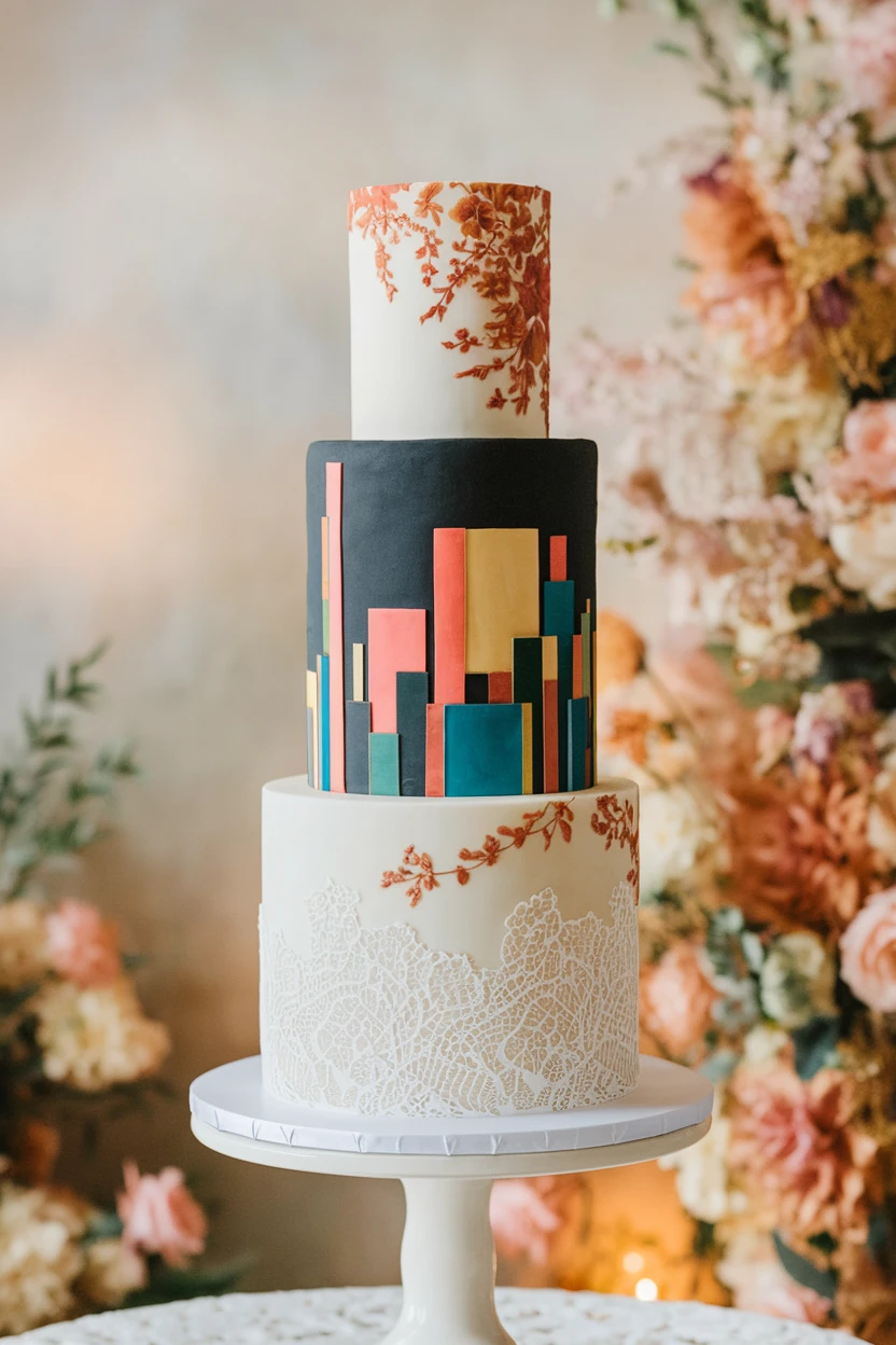 A striking three-tier wedding cake featuring artistic cityscape designs in vibrant colors on the second tier, with a lace pattern on the bottom tier, surrounded by floral arrangements.