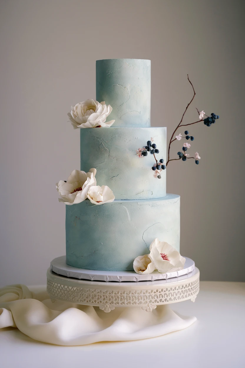 A three-tiered blue textured cake with white sugar flowers and a sprig with berries, on a white ornate stand with a draped fabric.