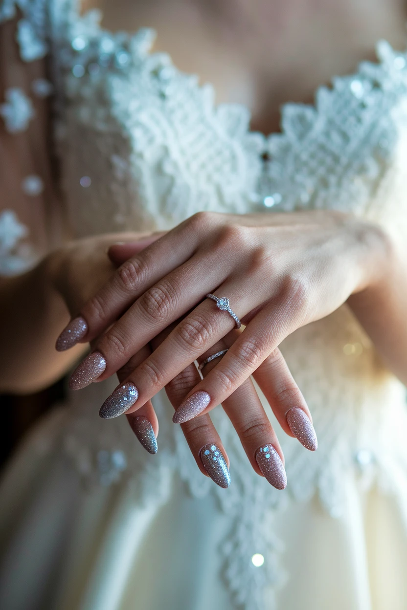 Sparkling bridal nails with pink base and silver accents.