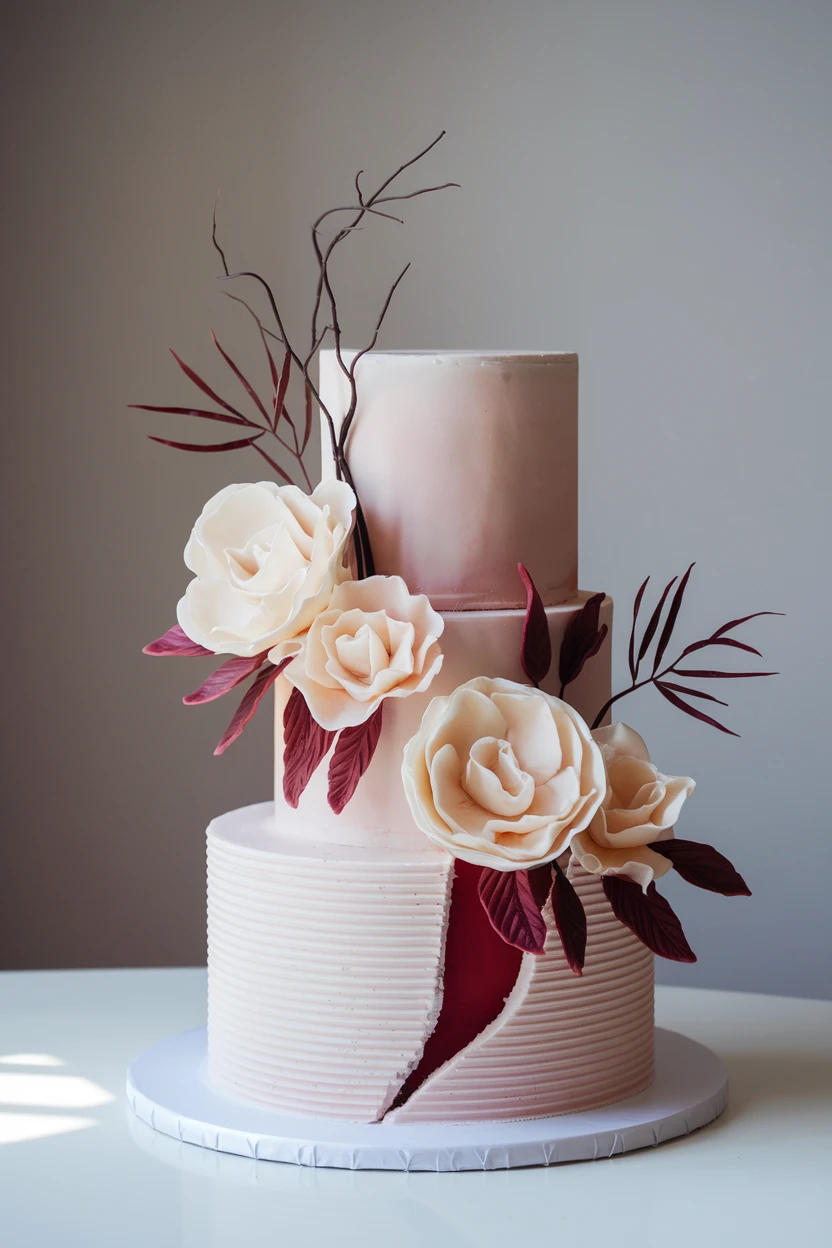 A three-tiered pink ombre cake with cream roses, burgundy leaves, and a twig branch, on a white stand.