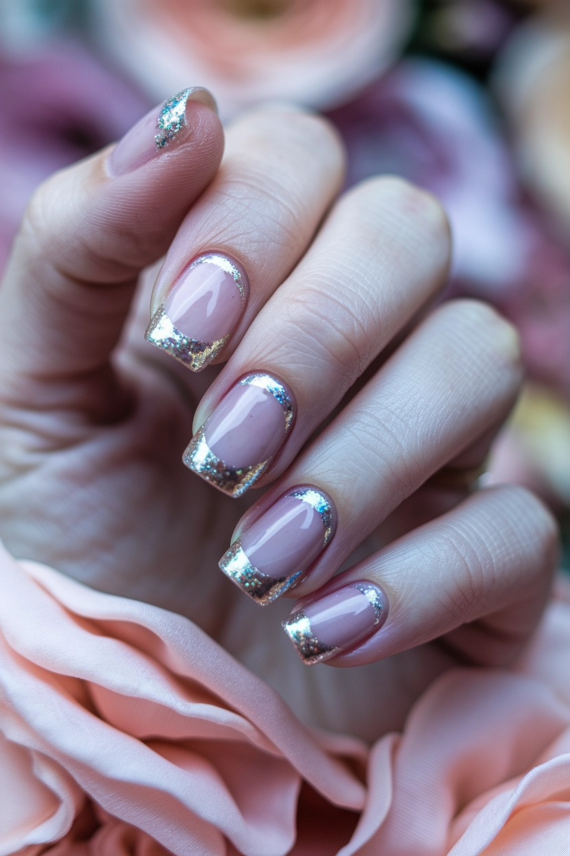 a light pink base and a thick silver glitter edge on the tips, displayed against a backdrop of soft pink flowers.