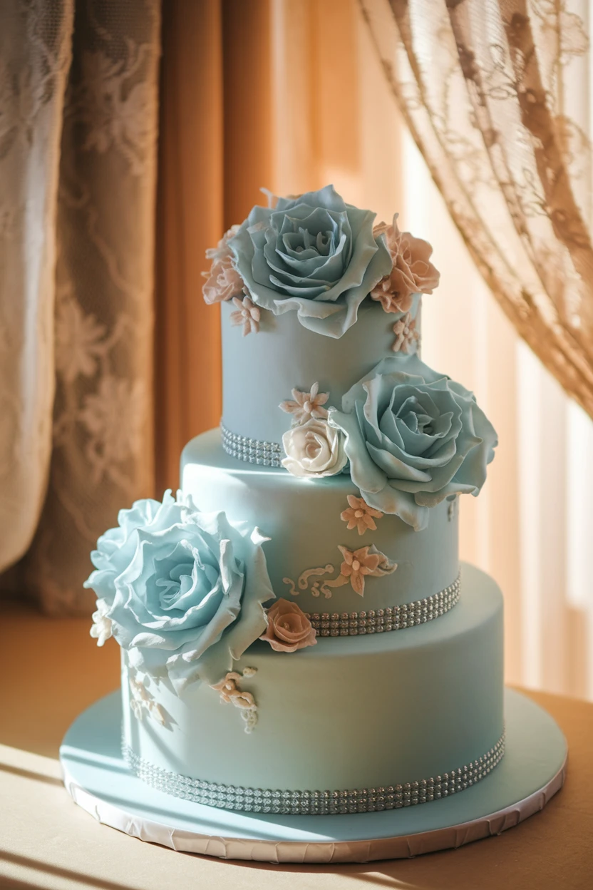 A charming three-tier cake in soft blue, embellished with large sugar roses and delicate floral accents, highlighted by warm, natural light streaming through a window.