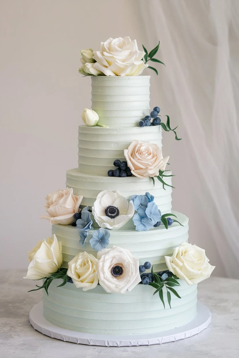 A four-tiered mint green cake with white roses, pink peonies, blue hydrangeas, and berries, on a white stand.