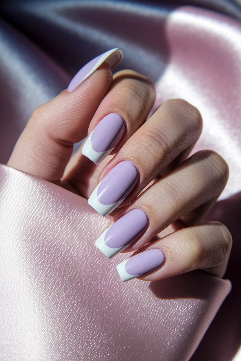 a lavender base and white French tips, displayed against a soft, satin fabric.
