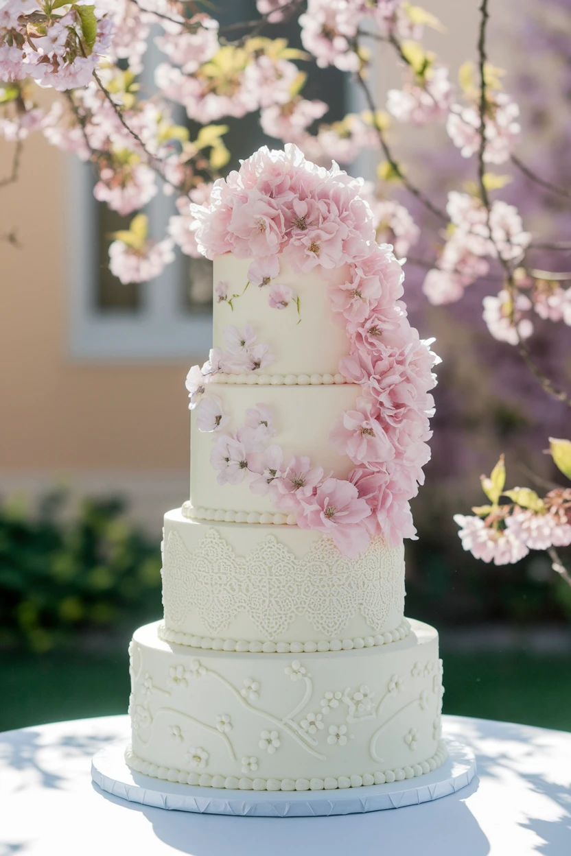 A four-tiered white wedding cake decorated with pink cherry blossom-like flowers cascading down its side, featuring lace and floral patterns on the lower tiers, set against a backdrop of blooming cherry blossom branches.