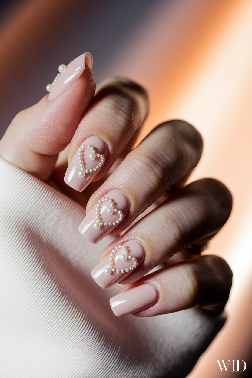 Light pink nails with pearl hearts.