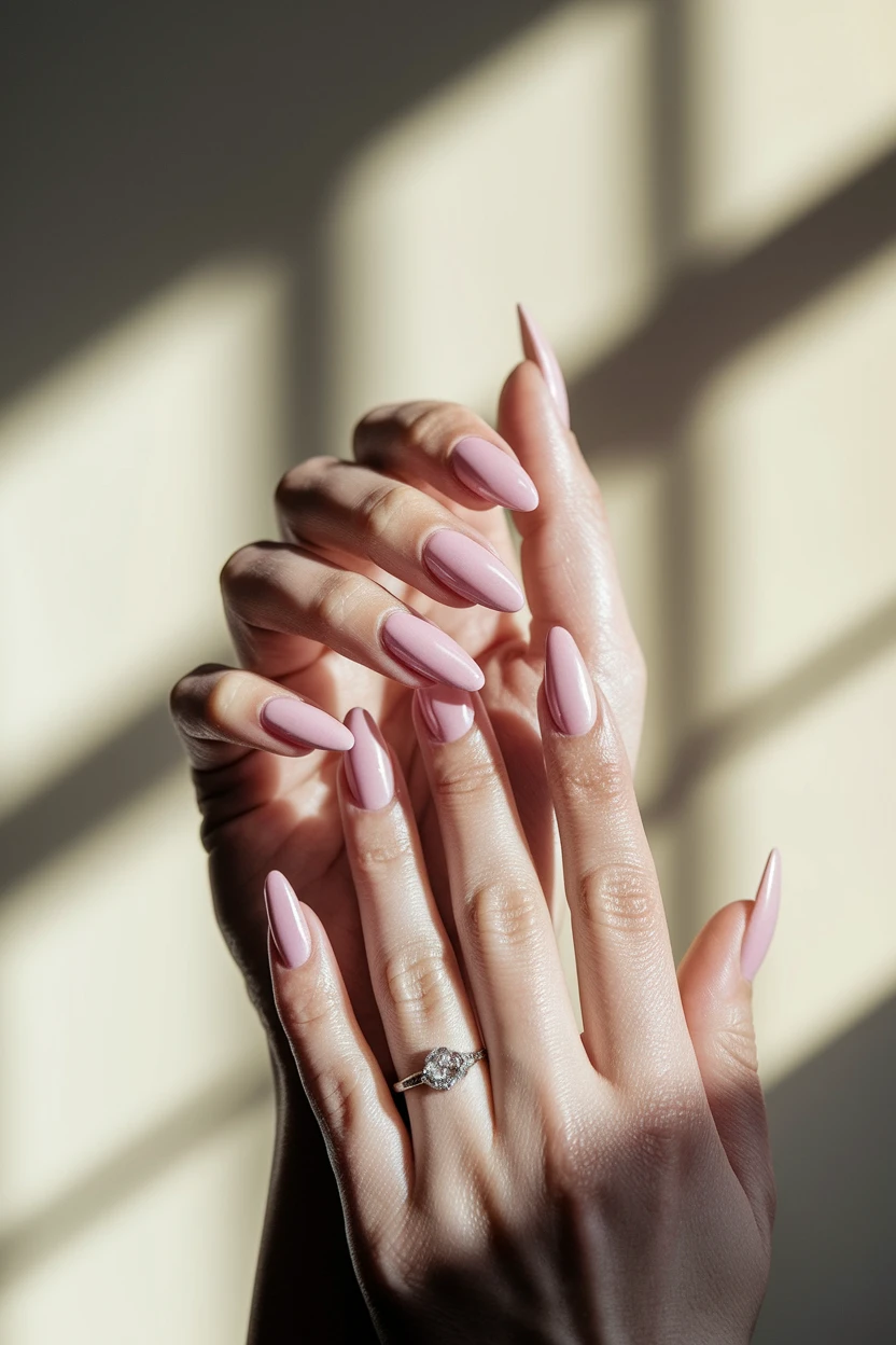 Dusty rose almond nails with diamond ring.