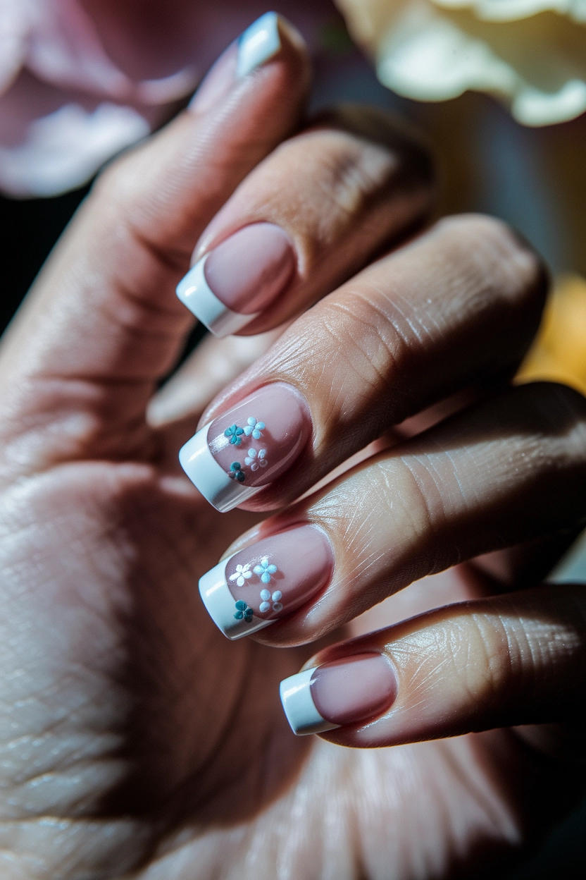 A classic French manicure, featuring white tips and a natural pink base, with two accent nails adorned with small blue and white floral appliqués.