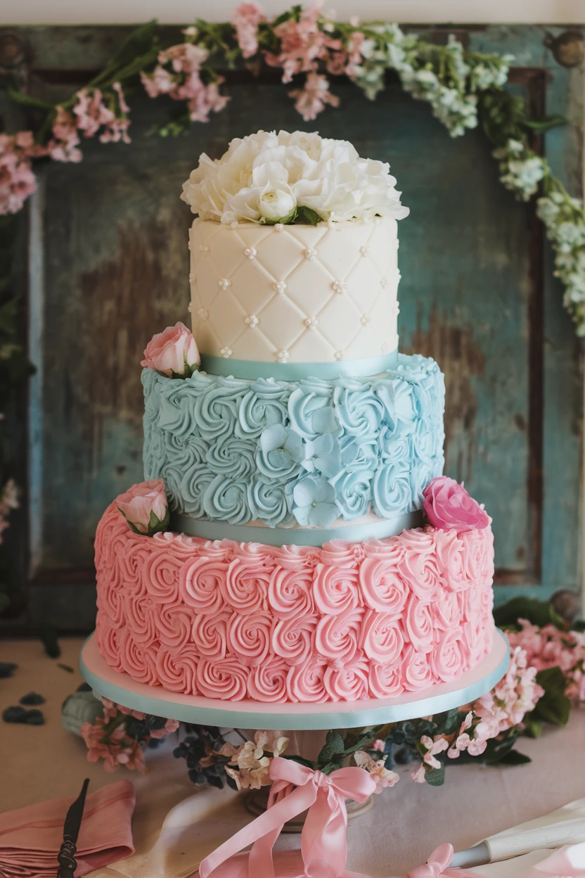 A vibrant three-tier wedding cake with blue, pink, and white frosting, featuring floral accents and a quilted top tier.