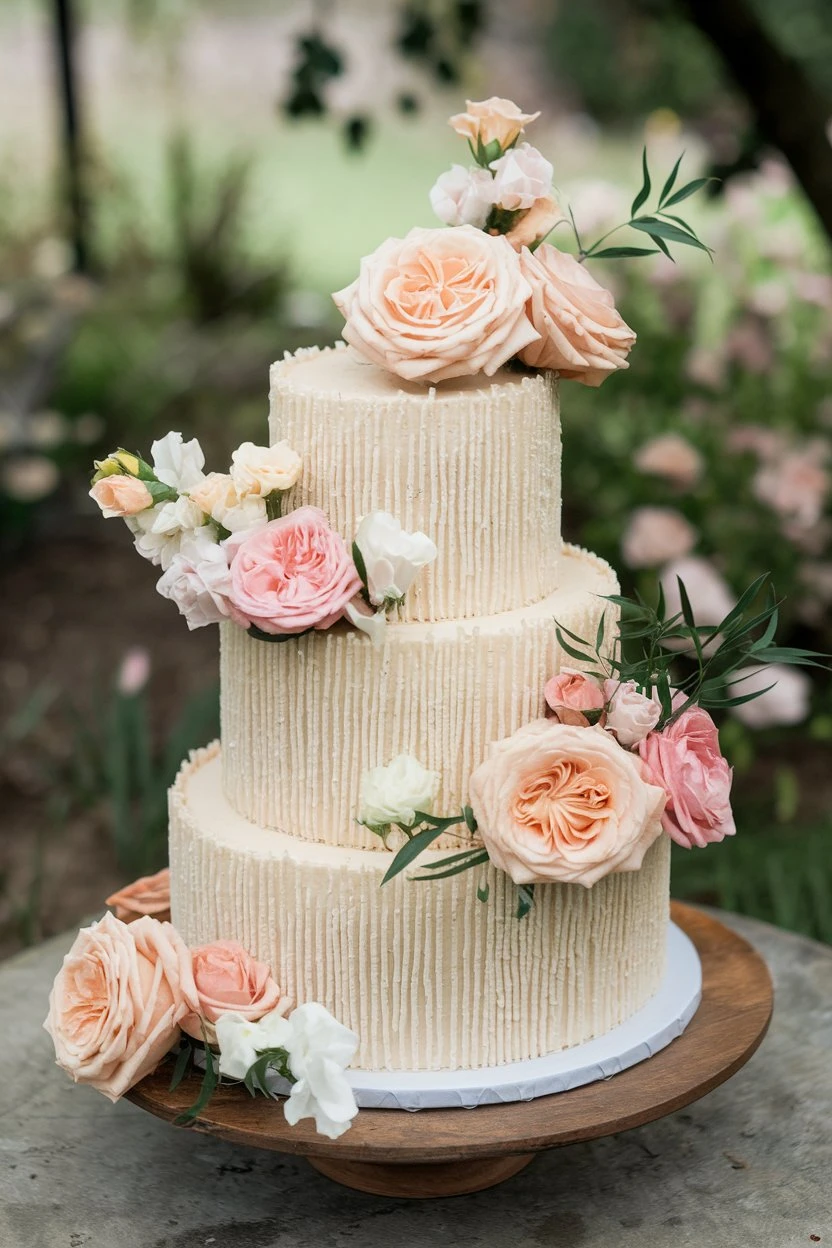 A three-tiered wedding cake with pink and peach roses cascading down the sides, on a wooden pedestal.