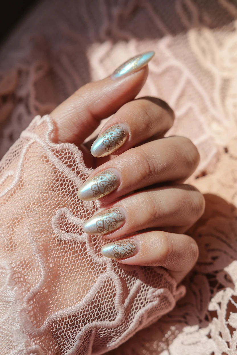 Pearl nails, swirl design, lace.