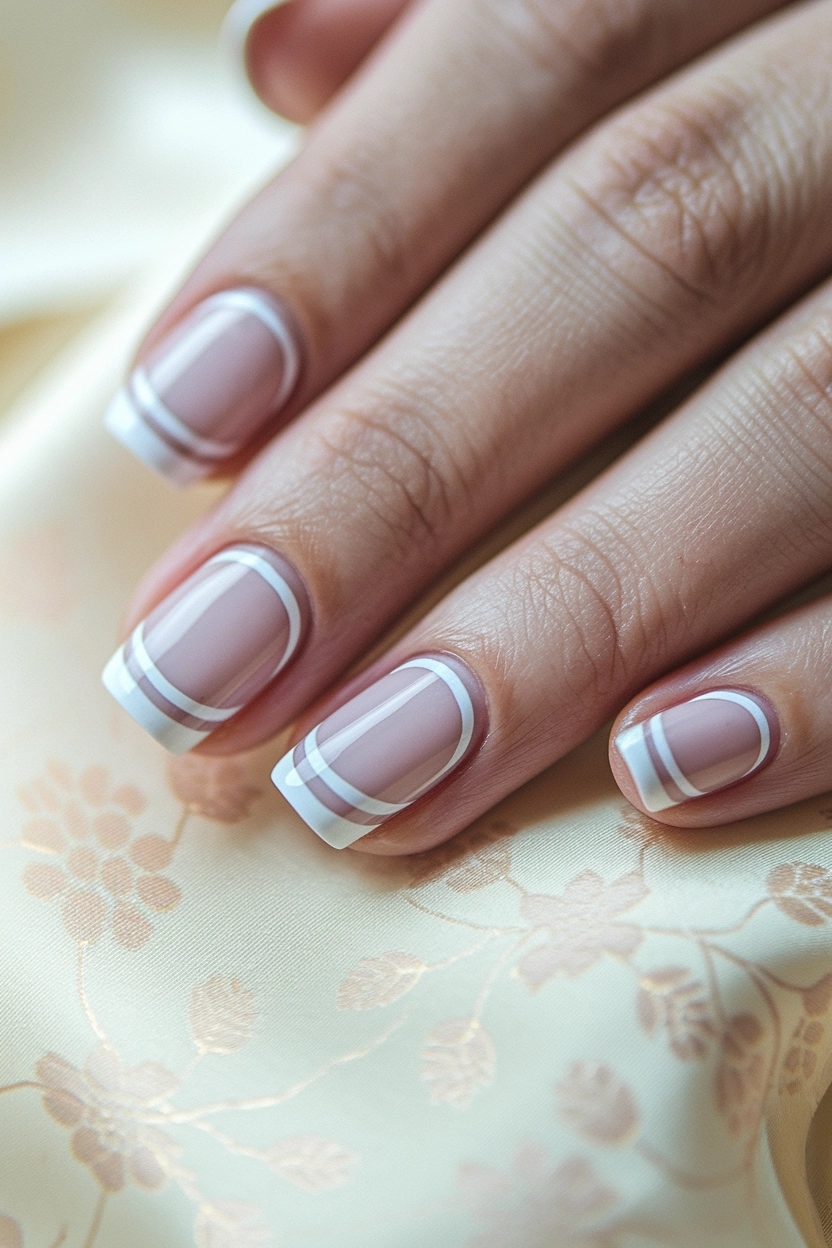a light pink base and white French tips outlined with a double white line, displayed against a soft, patterned fabric.