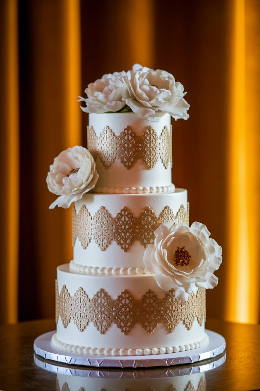 A luxurious three-tier cake featuring gold lace patterns and large white flowers, creating a striking contrast against a warm, golden backdrop.