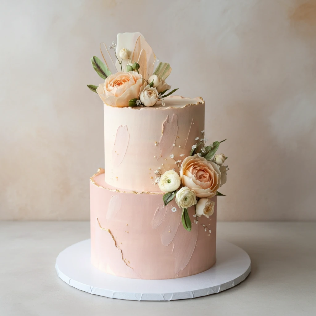 A two-tiered pink textured cake with peach roses and white blossoms, with a wafer paper sail.