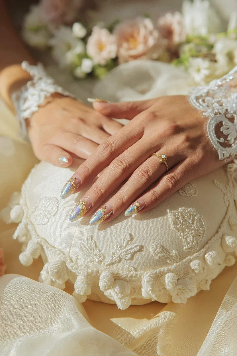 Iridescent bridal nails with gold accents and floral details.