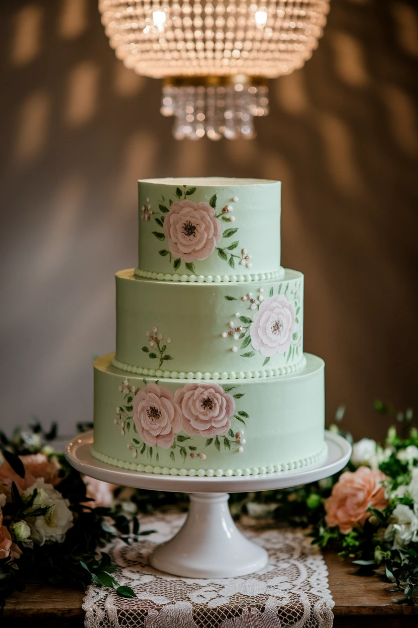 A lovely three-tier cake in pastel green, adorned with hand-painted floral designs and delicate pearl accents, elegantly displayed on a decorative stand.