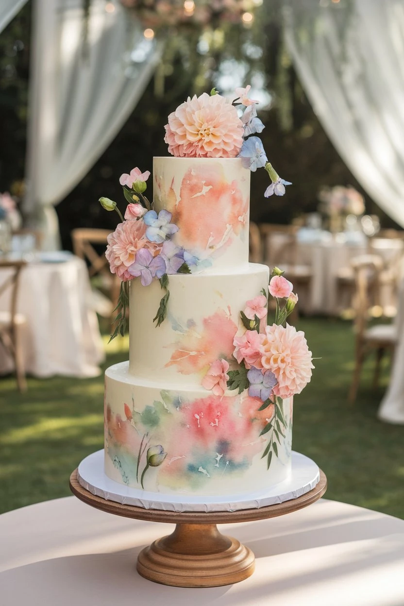 A three-tiered cake with watercolor splashes and sugar flowers, on a wooden stand in an outdoor setting.