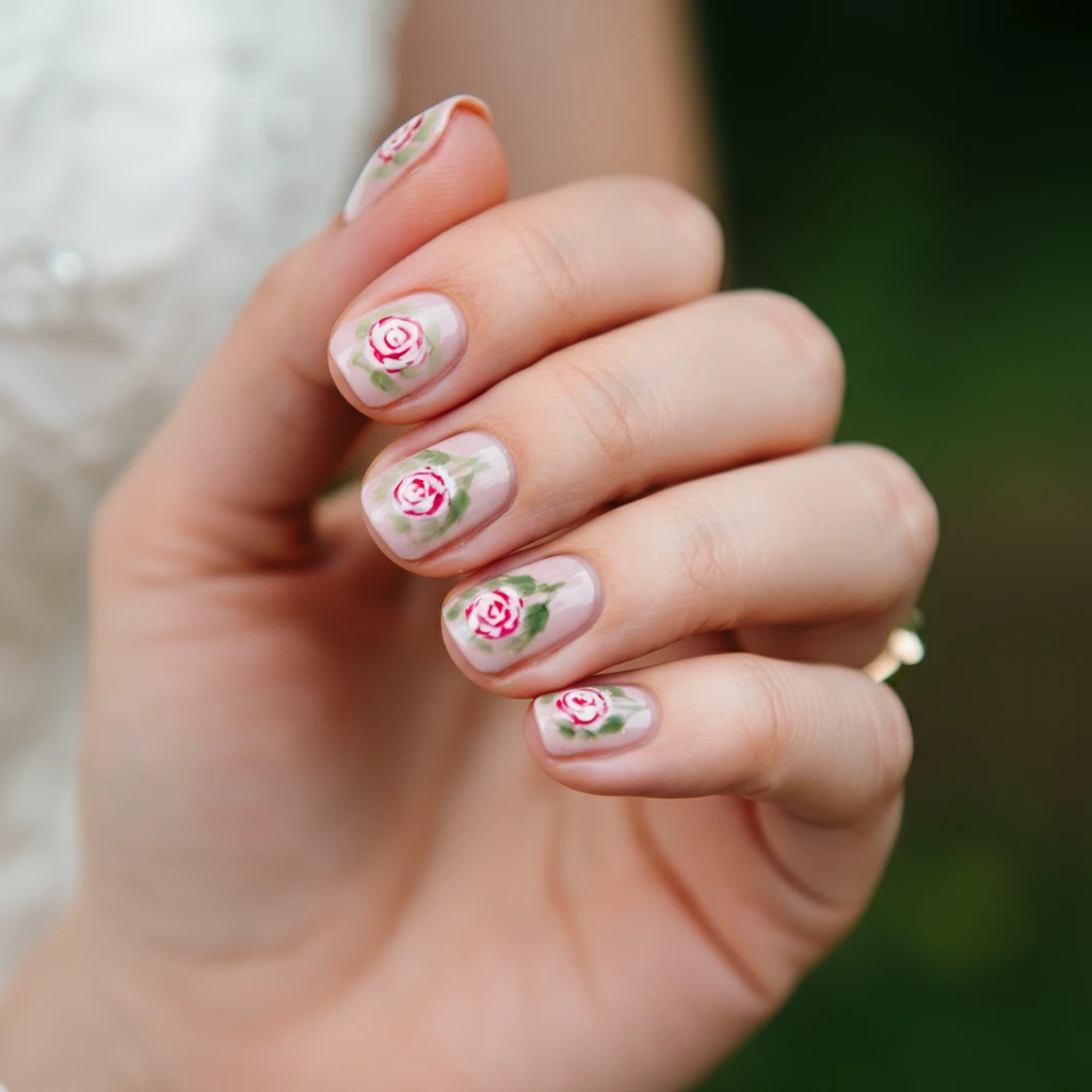 Floral rose nail art, wedding hand.