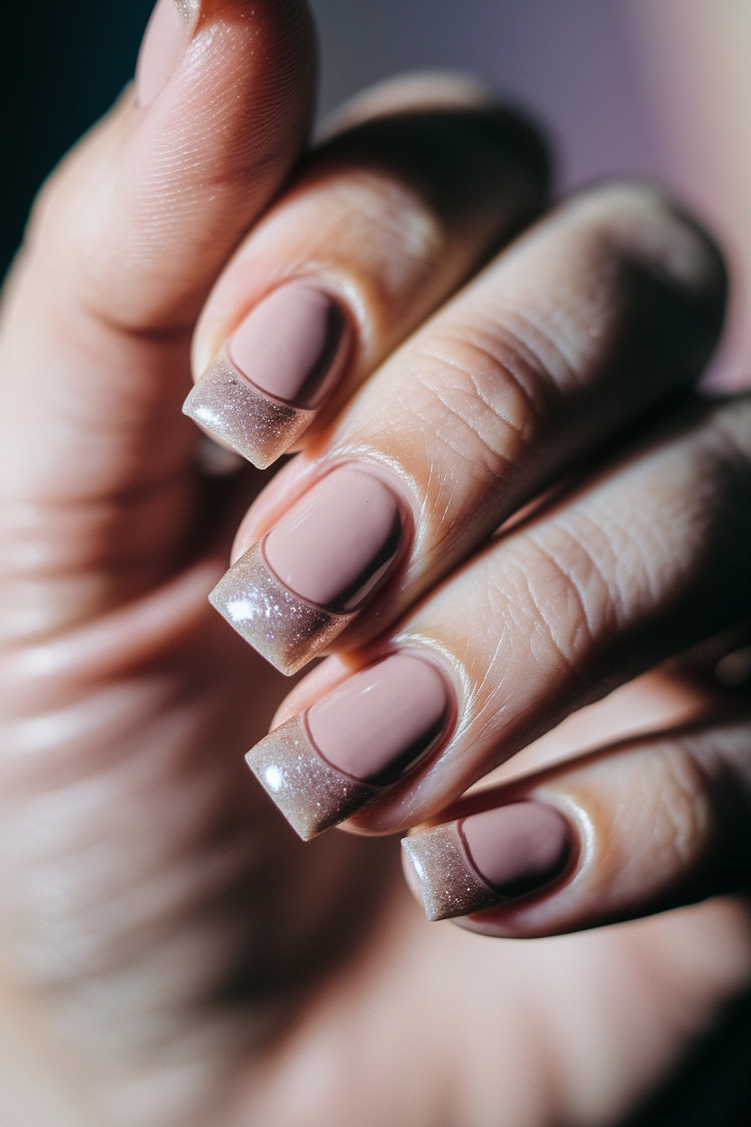 a nude base and a subtle glitter edge on the tips, showcasing a soft sparkle.