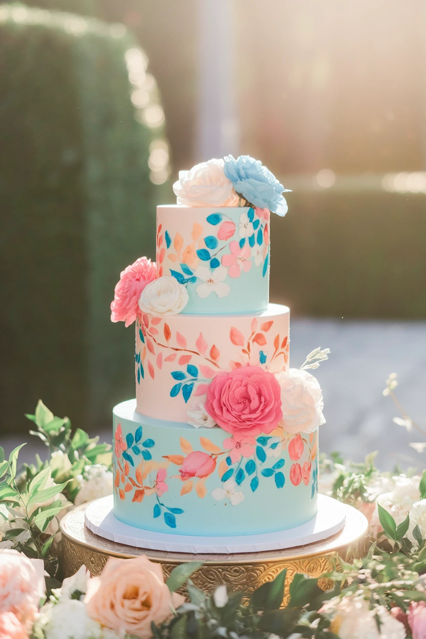 A colorful three-tier wedding cake with watercolor floral patterns and bold accents, decorated with fresh flowers, set in a vibrant garden setting.