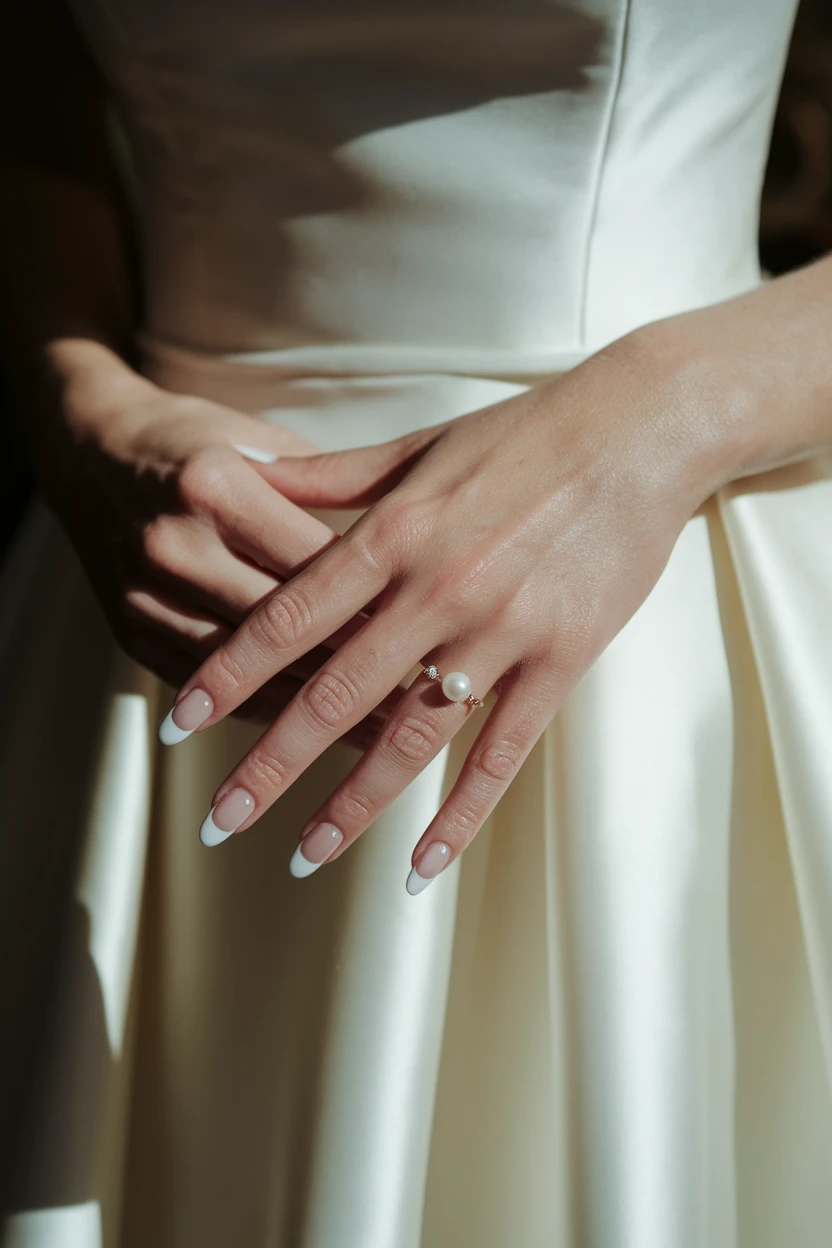 French tip nails, pearl ring, gown.