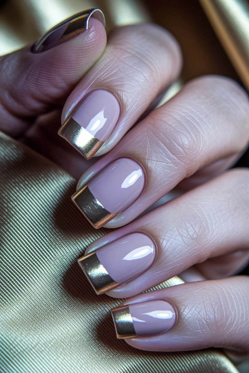 a mauve base and gold metallic French tips, displayed against a soft, satin fabric.