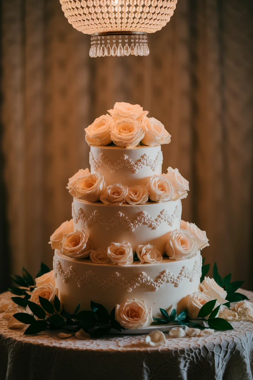 A beautifully designed four-tier cake topped with cascading roses, surrounded by greenery and displayed under soft, ambient lighting.