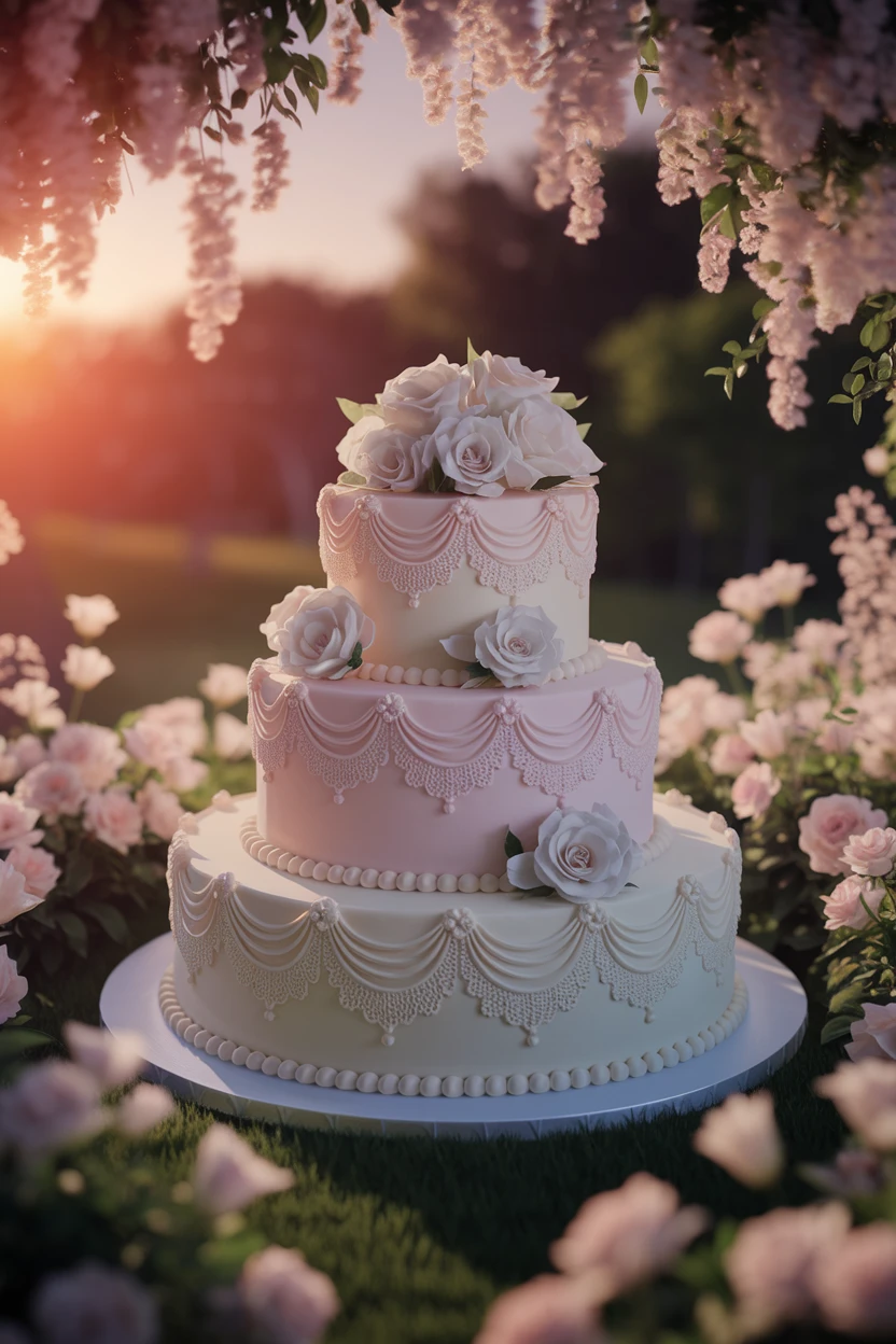 A romantic three-tier cake in soft colors, featuring delicate lace and rose embellishments, set amidst a blooming garden at sunset.