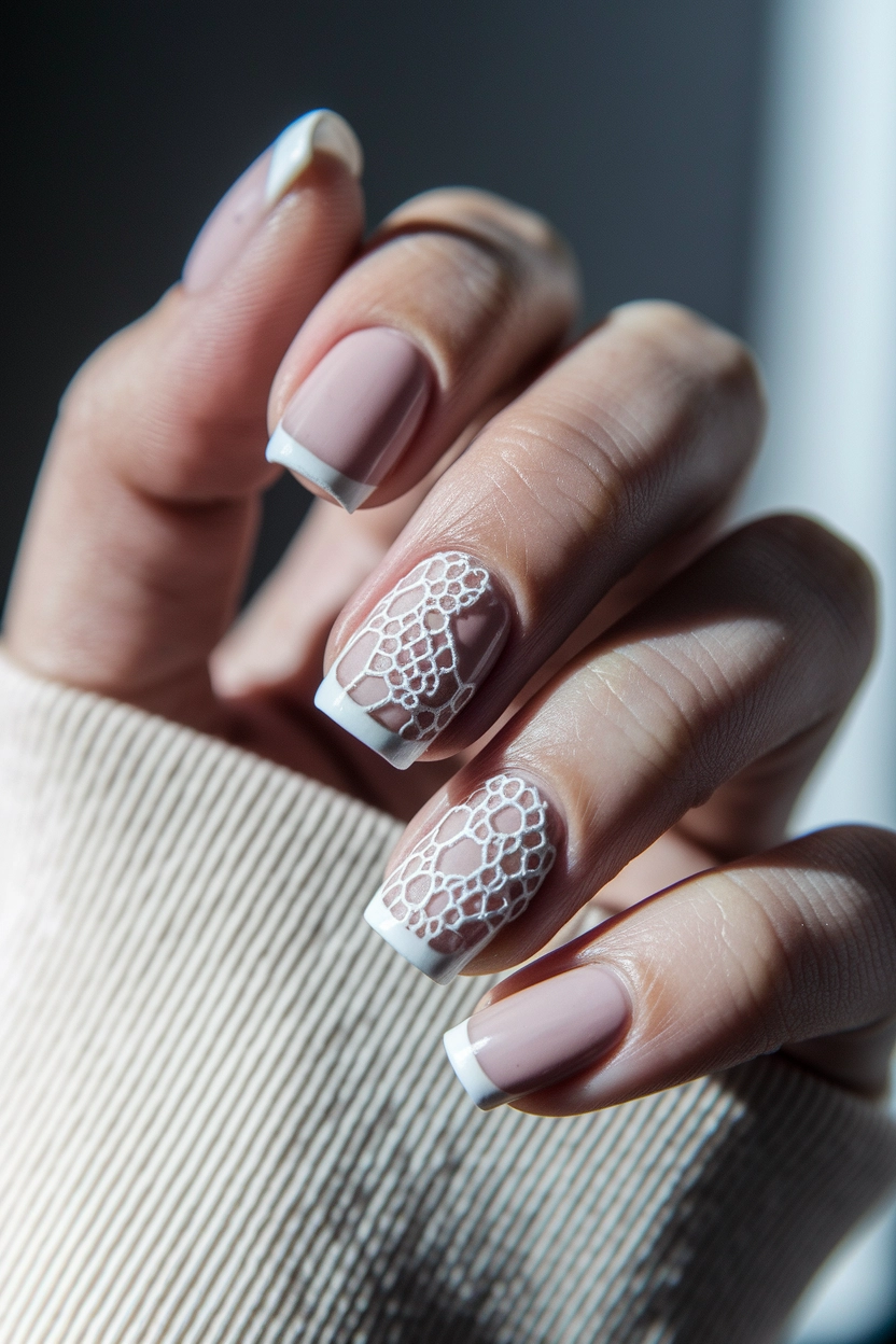 a light pink base, white French tips, and delicate white lace designs on two accent nails, displayed against a soft, textured fabric.