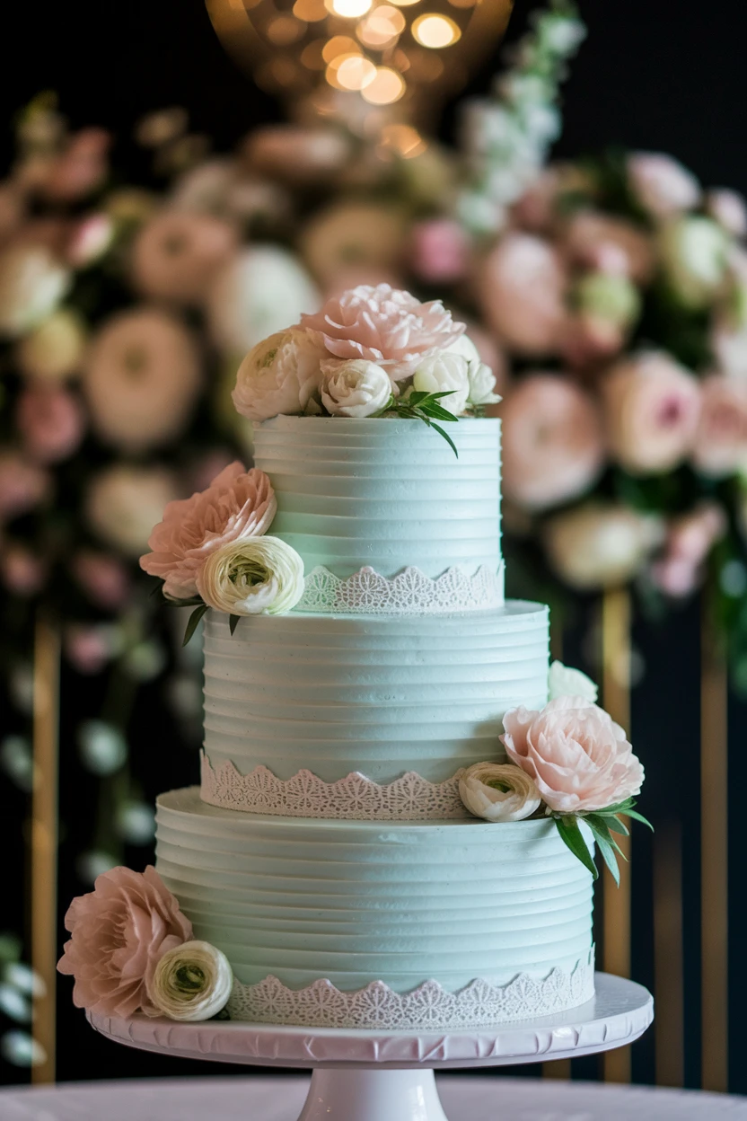 A sophisticated three-tier wedding cake in pale blue with textured stripes, adorned with fresh blooms, showcased against an elegant floral backdrop.