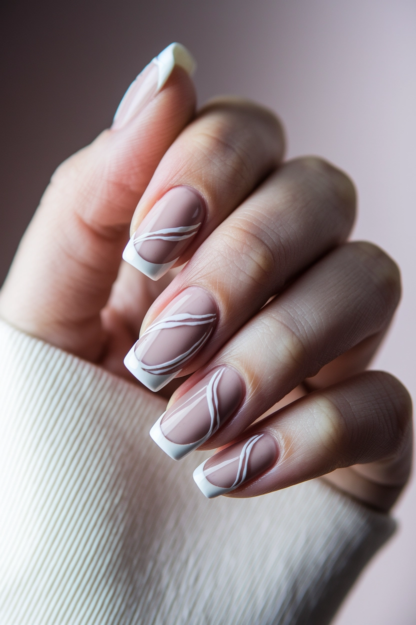 a light pink base, white French tips, and abstract white line designs across each nail, displayed against a soft, blurred background.