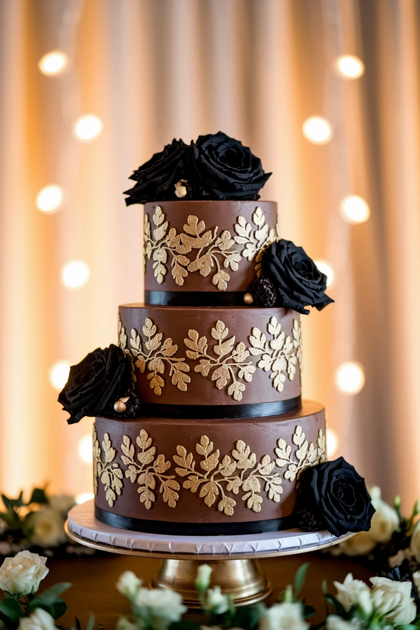 A luxurious three-tier wedding cake adorned with black roses and intricate gold leaf patterns, set against a warm backdrop of twinkling lights.