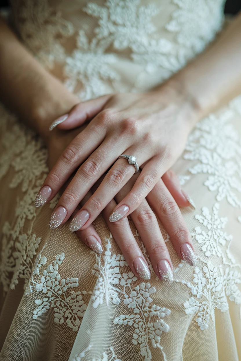 Glitter fade French manicure with lace dress.