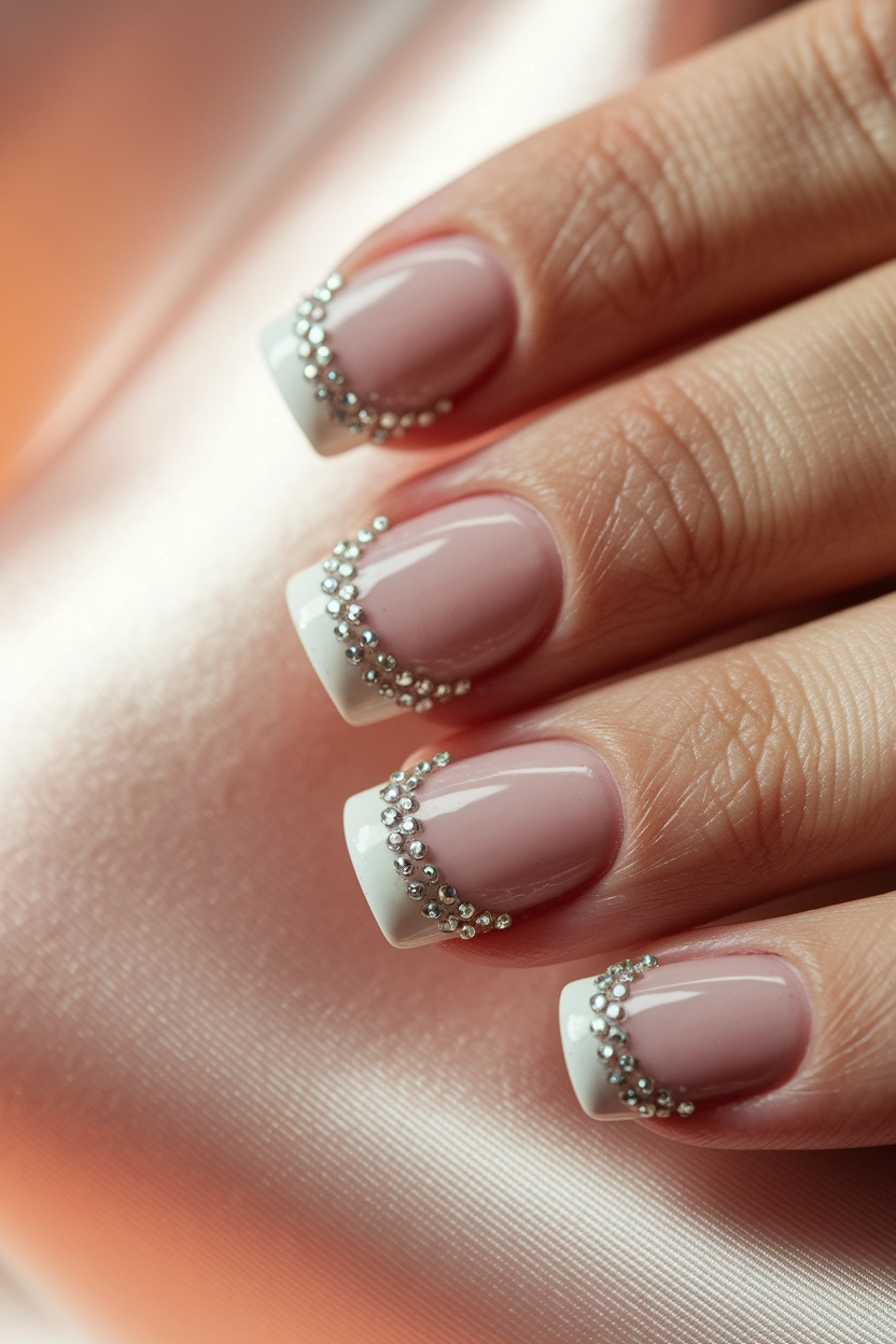 a light pink base, white French tips, and a border of small rhinestones along the cuticle line, displayed against a soft, satin fabric.