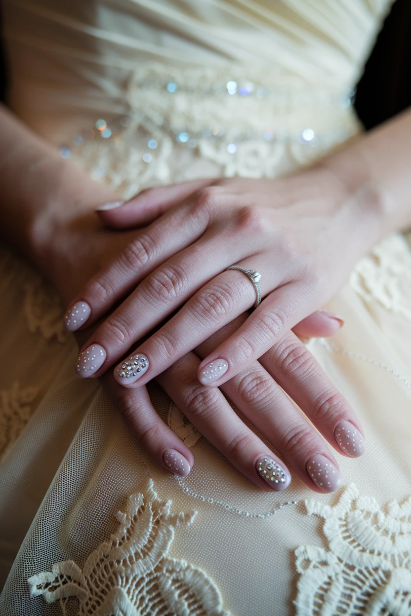 Polka dot manicure with rhinestone accents.