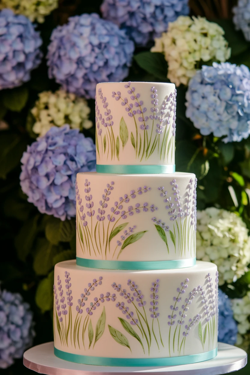 A charming three-tier cake decorated with lavender and green floral motifs, accented by teal ribbons, set against a backdrop of blue hydrangeas.