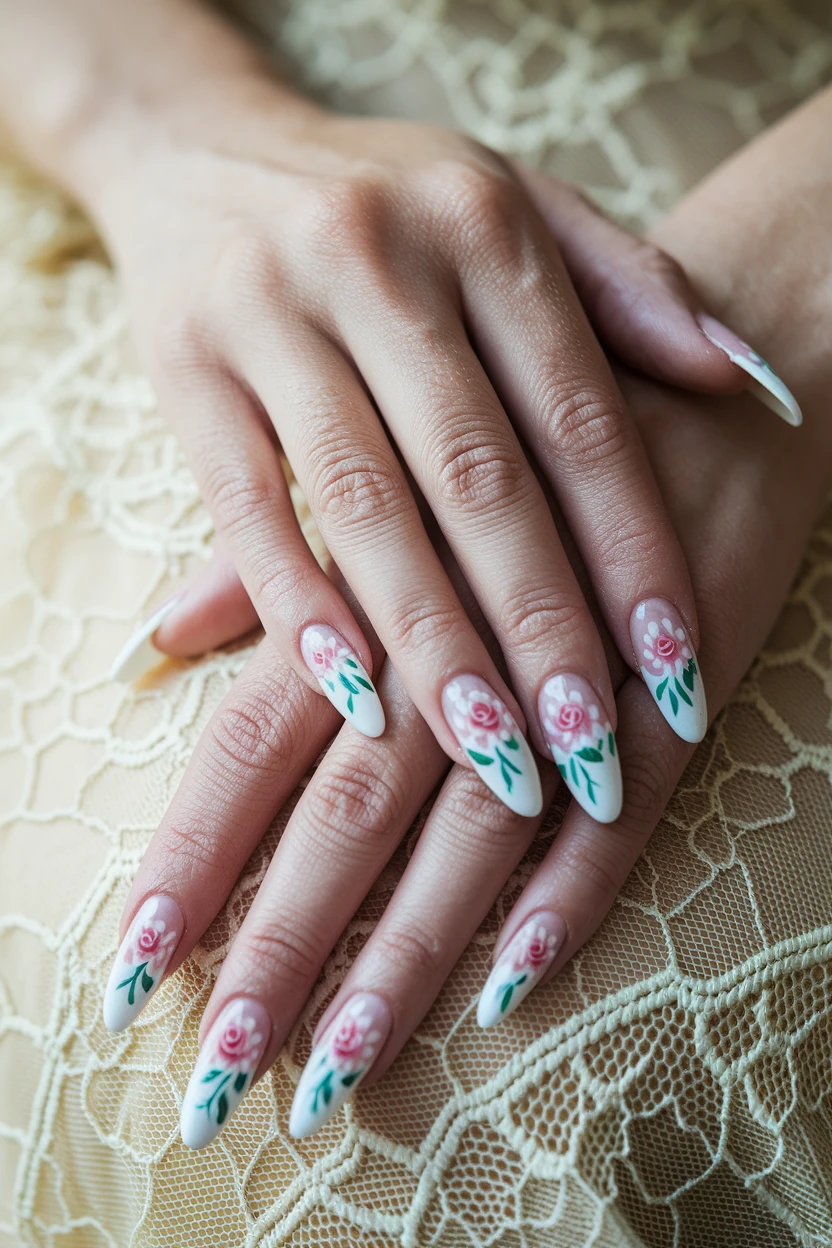 Hand-painted rose nail art on almond nails.